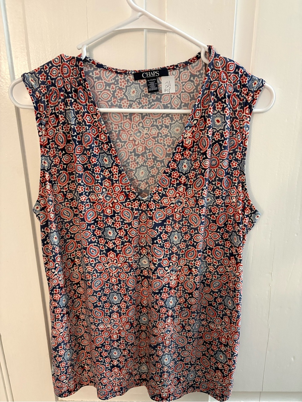 Chaps Sleeveless V-Neck Tank in Red, Navy & Light Blue Medallion Print